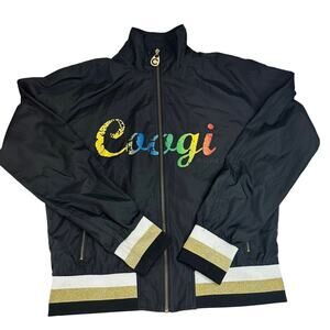 Coogi Zip Up Windbreaker Jacket Size Large Black Rainbow Logo Women’s